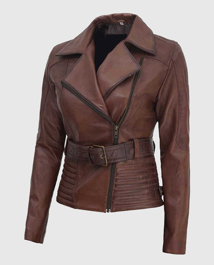 Women's Asymmetrical Quilted Brown Biker Leather Jacket - side angle view
