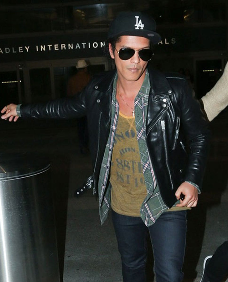 Bruno Mars Black Leather Biker Jacket for Men – Premium Outerwear - front view