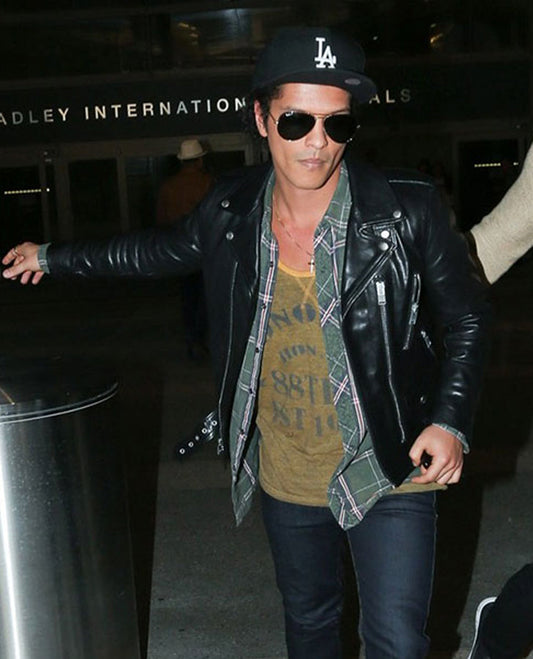 Bruno Mars Black Leather Biker Jacket for Men – Premium Outerwear - front view