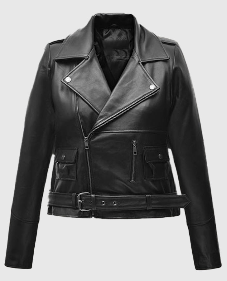 Cate Blanchett Black Leather Biker Jacket for Women - back view