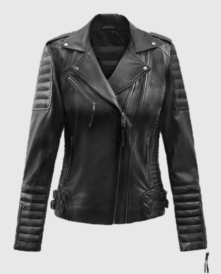 Charlotte Burnt Black Biker Leather Jacket for Women - front view