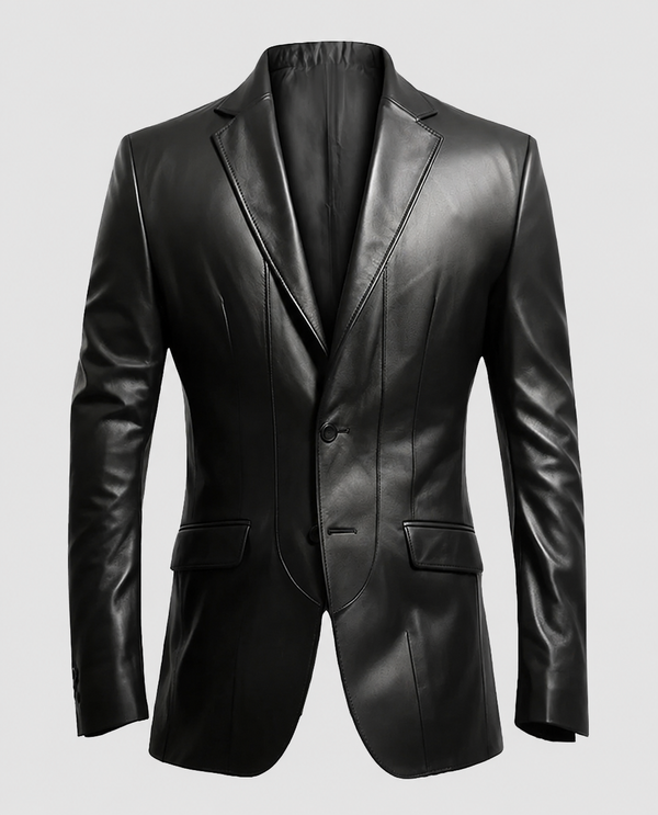 Men's 2 Button Black Leather Blazer | Genuine Leather