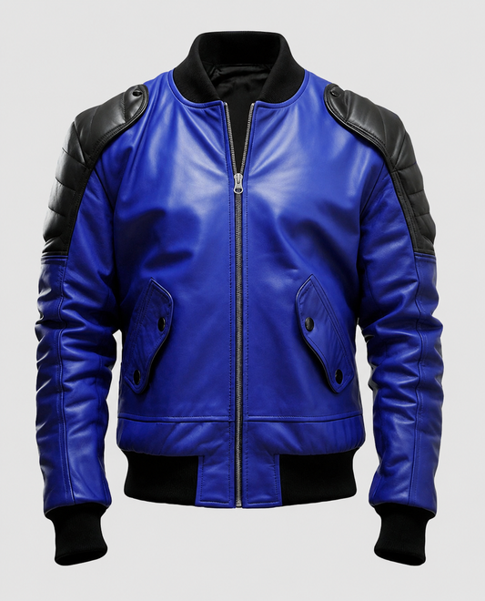 Men's Blue & Black Leather Bomber Jacket – Custom Fit