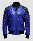 Men's Blue & Black Leather Bomber Jacket – Custom Fit