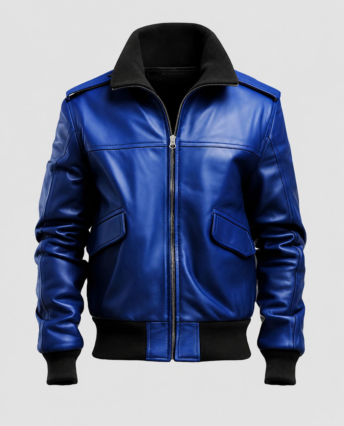 Men's Blue Leather Bomber Jacket – Custom Fit | Genuine Leather