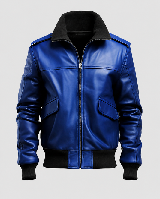 Men's Blue Leather Bomber Jacket – Custom Fit | Genuine Leather