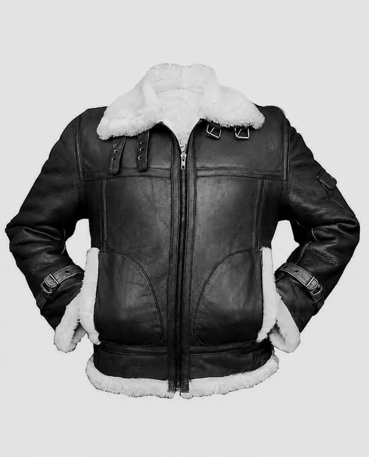 Men's RAF B3 Aviator Shearling Bomber Black Leather Jacket