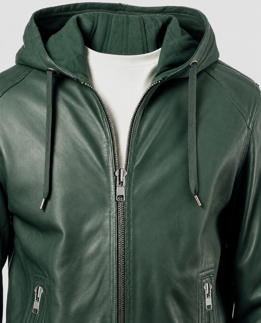 Men's Green Faux Leather Hooded Jacket with Hood – Premium Outerwear