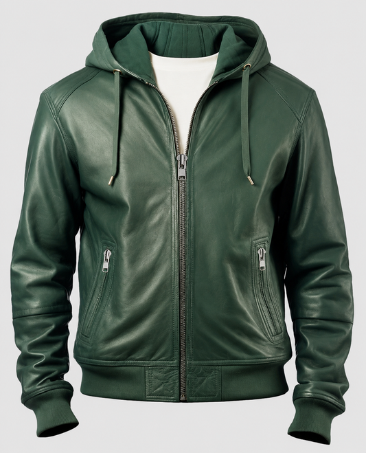 Men's Green Faux Leather Hooded Jacket with Hood – Premium Outerwear
