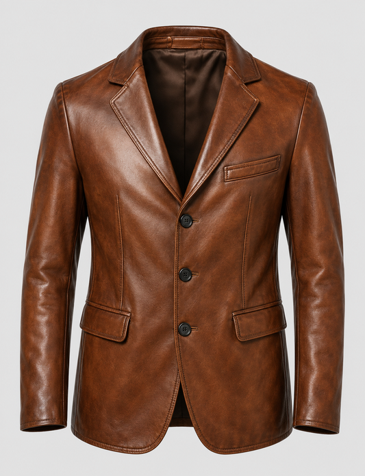 Men's Vintage Brown Leather Blazer – Custom Fit | Genuine Leather