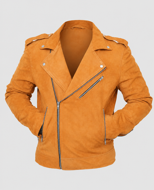 Men's Suede Leather Camel Brown Tan Biker Leather Jacket