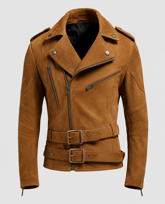 Men's Double Belted Brown Suede Leather Jacket – Custom Fit