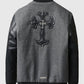 Men's Chrome Cross Letterman Bomber Grey Leather Jacket - back view