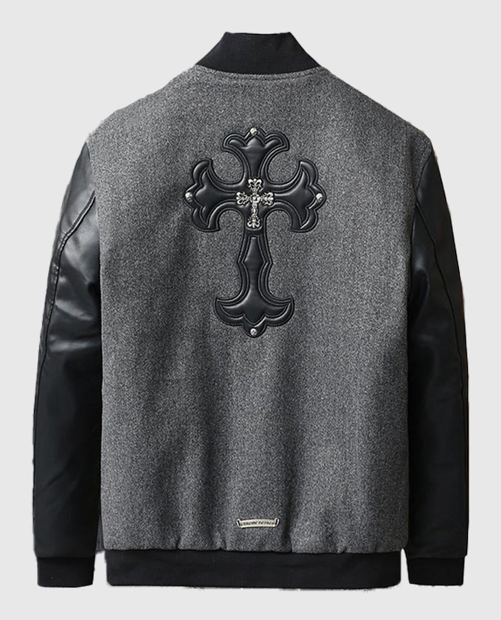 Men's Chrome Cross Letterman Bomber Grey Leather Jacket - back view