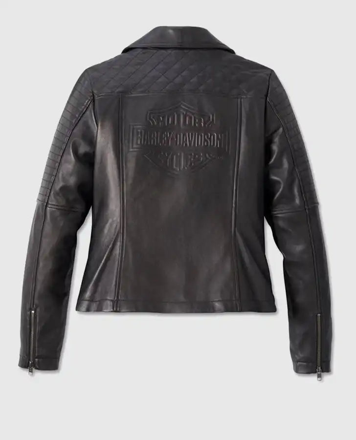 Women's Classic Biker Debossed Black Leather Jacket - back view