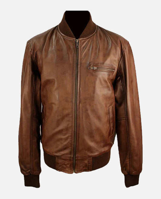 Classic Blouson Brown Leather Jacket for Men – Custom Fit - front view