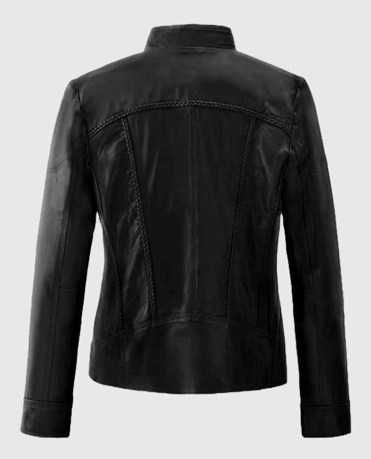 Clova Black Cafe Racer Leather Jacket for Women – Premium Outerwear - back view