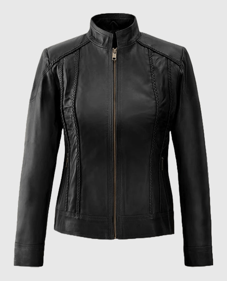 Clova Black Cafe Racer Leather Jacket for Women – Premium Outerwear - front view