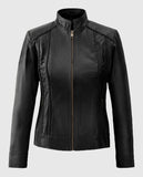 Clova Black Cafe Racer Leather Jacket for Women – Premium Outerwear - front view