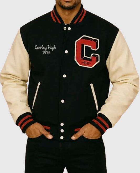 Cooley High Black and Off White Letterman Leather Jacket for Men - front view