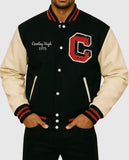 Cooley High Black and Off White Letterman Leather Jacket for Men - front view