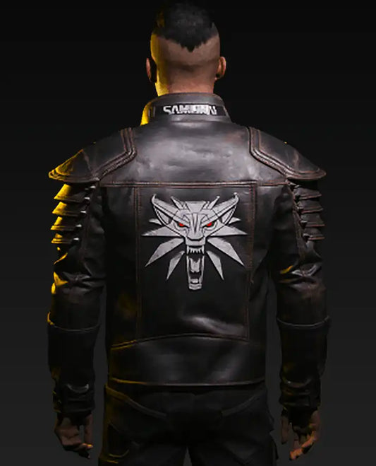 Cyberpunk 2077 Samurai Wolf School Black Leather Jacket for Men - front view