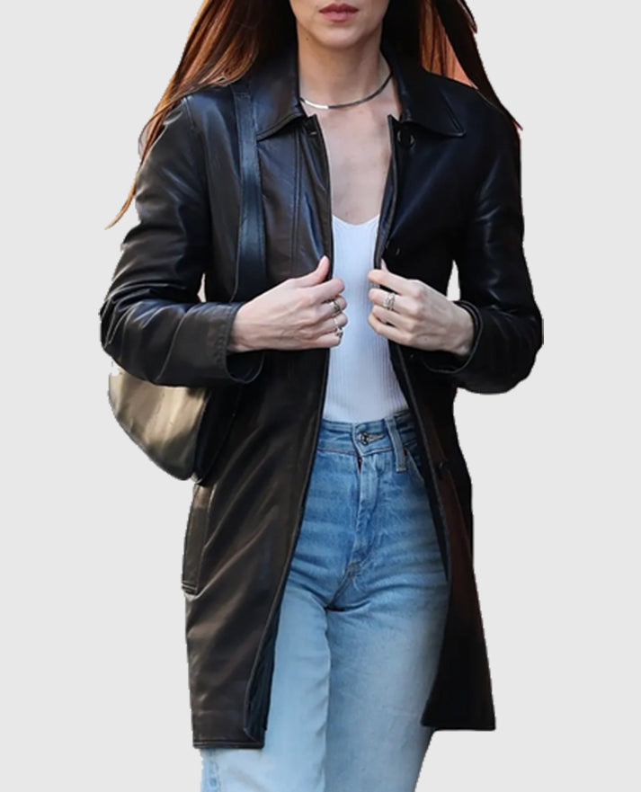 Materialists Dakota Johnson Black Leather Coat for Women - back view