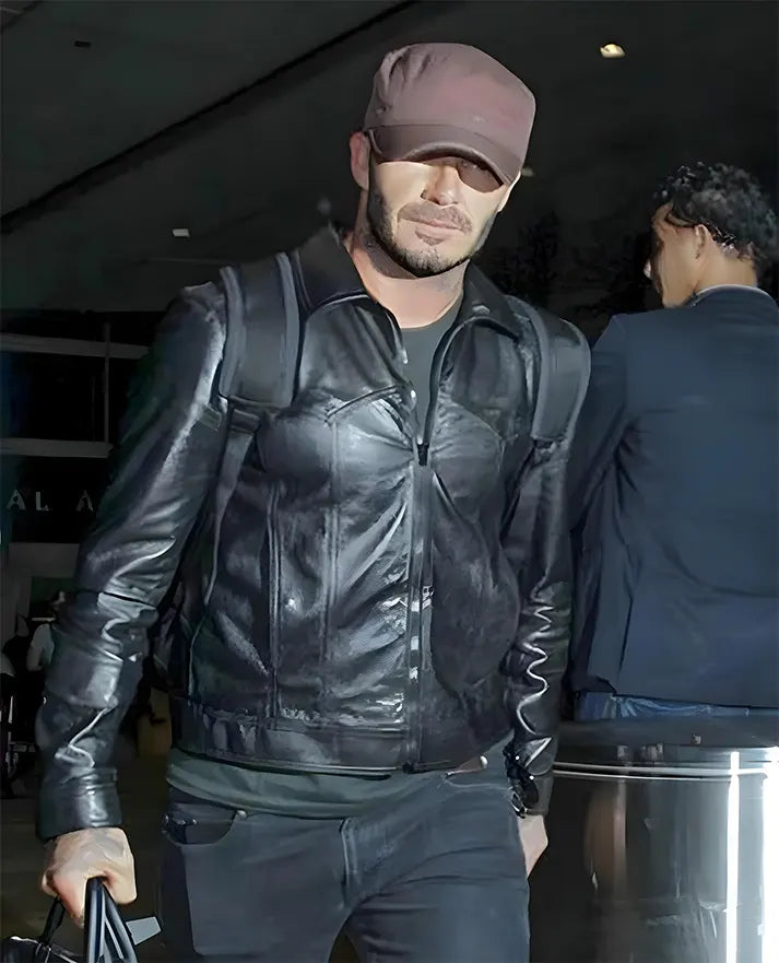 David Beckham Black Leather Jacket for Men – Premium Outerwear - front view