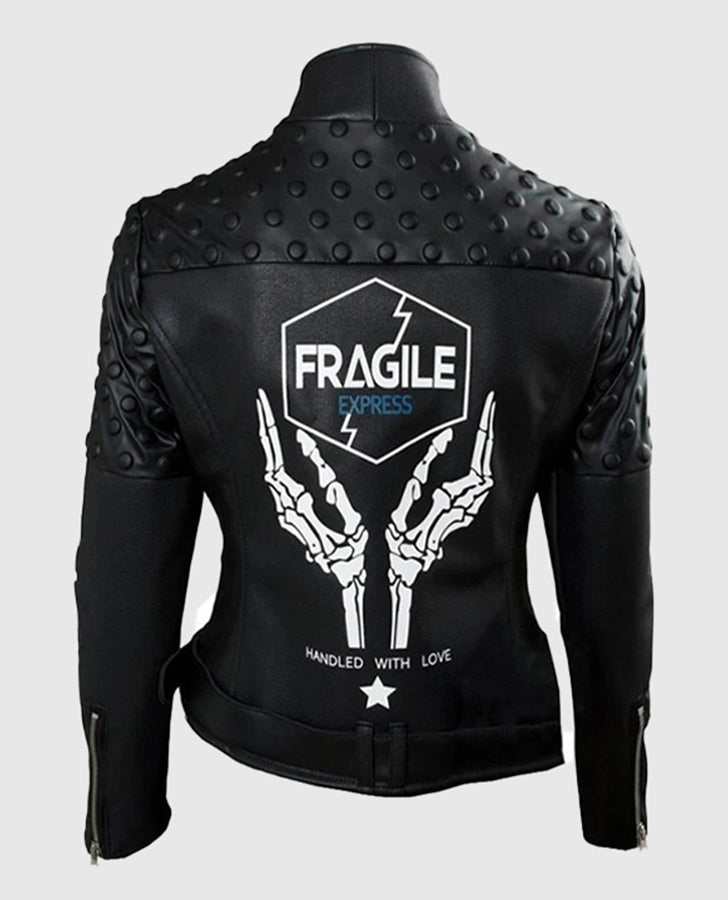 Death Stranding Fragile Express Black Leather Jacket for Women - collar and zip close-up