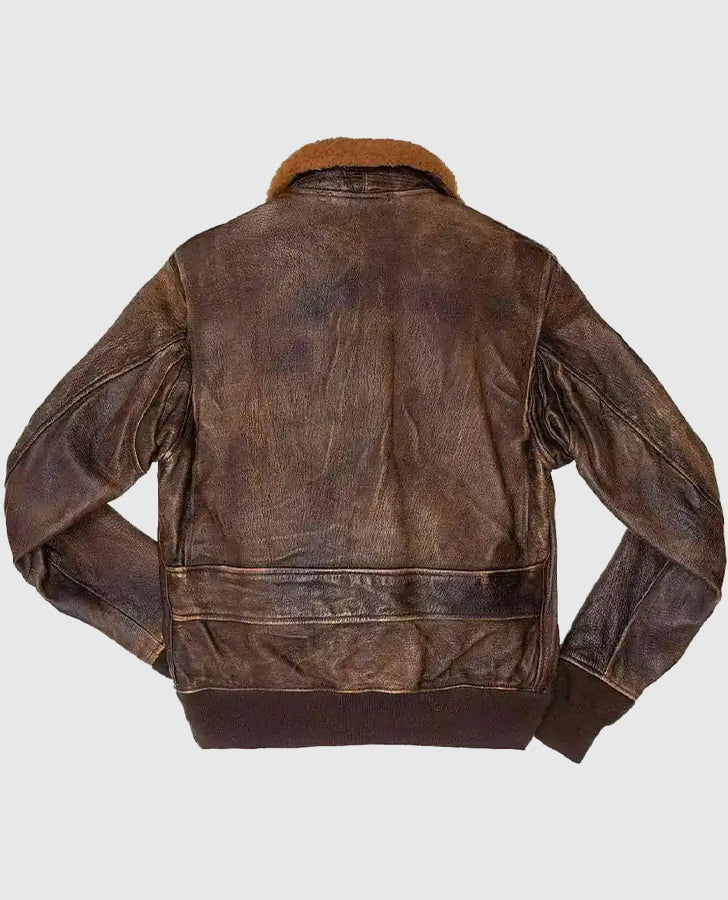 Men's Distressed Brown Flight Bomber Leather Jacket - back view