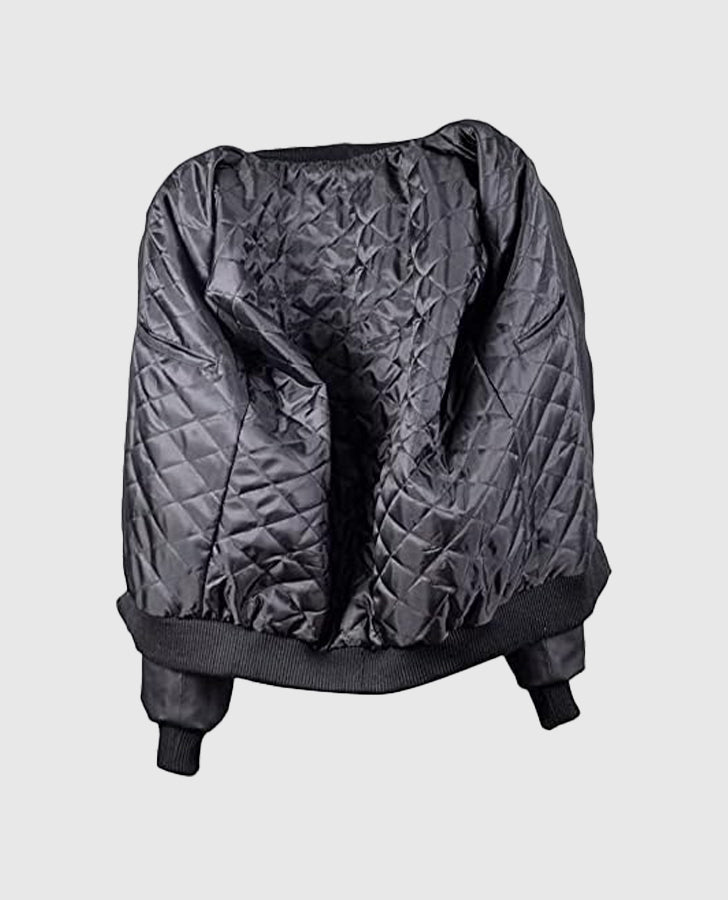 Dizller 8 Ball Letterman Black Bomber Leather Jacket for Men - collar and zip close-up