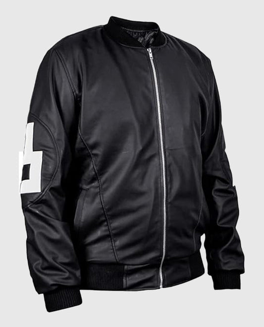 Dizller 8 Ball Letterman Black Bomber Leather Jacket for Men - side angle view
