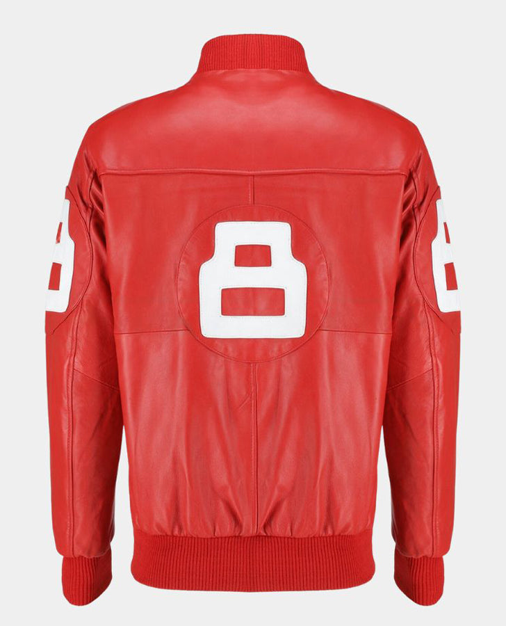 Dizller 8 Ball Pool Red Letterman Bomber Leather Jacket for Men - back view