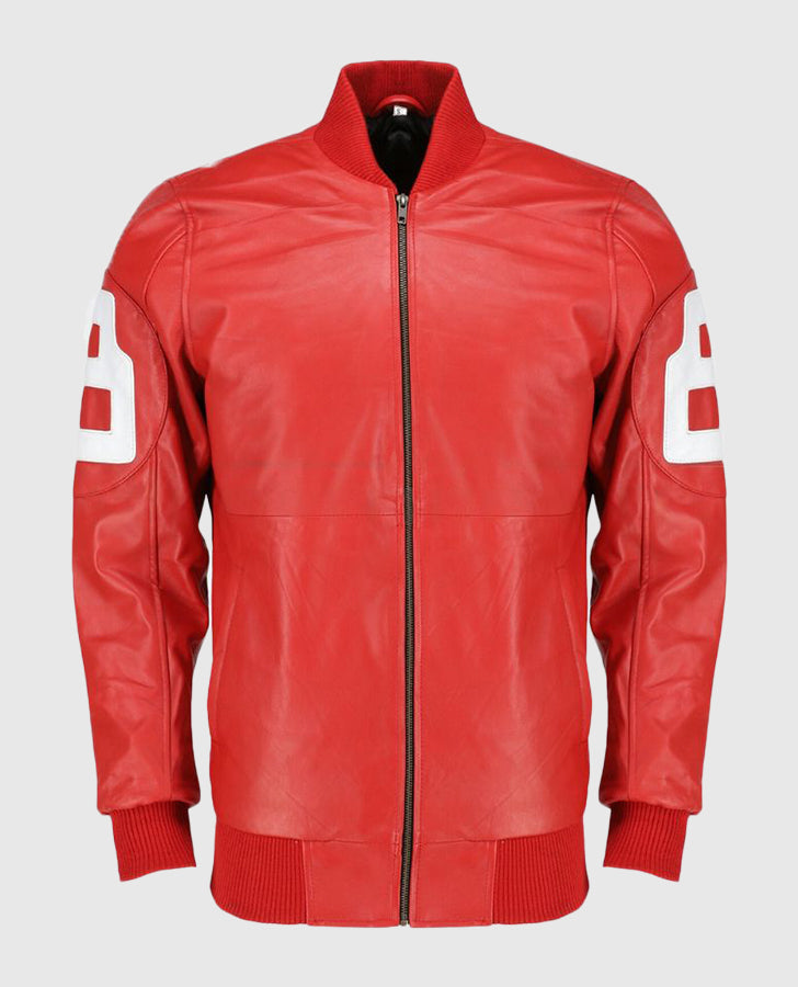Dizller 8 Ball Pool Red Letterman Bomber Leather Jacket for Men - front view