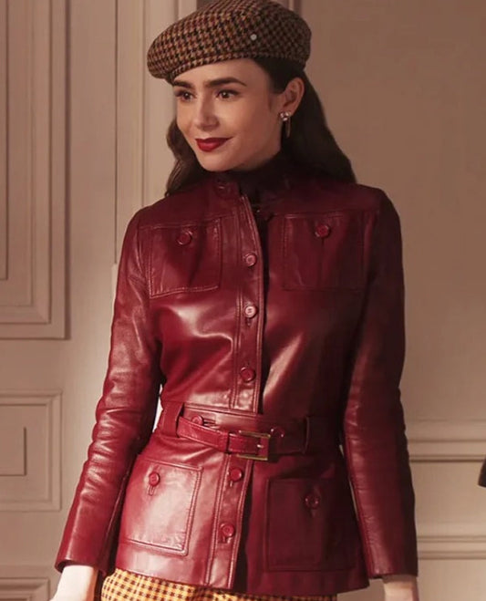 Emily in Paris S4 Lily Collins Red Leather Jacket for Women - front view