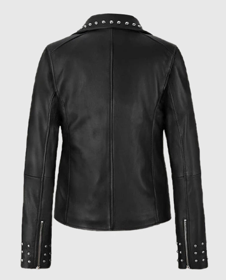 Eva Studded Black Leather Biker Jacket for Women | Genuine Leather - back view