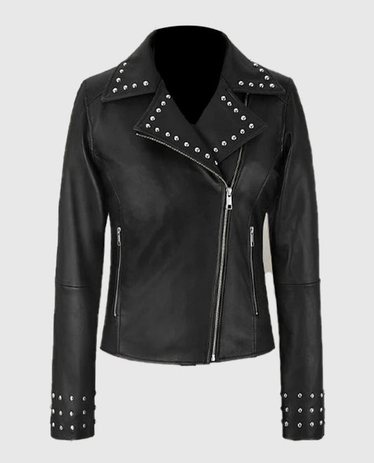 Eva Studded Black Leather Biker Jacket for Women | Genuine Leather - front view