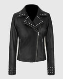 Eva Studded Black Leather Biker Jacket for Women | Genuine Leather - front view