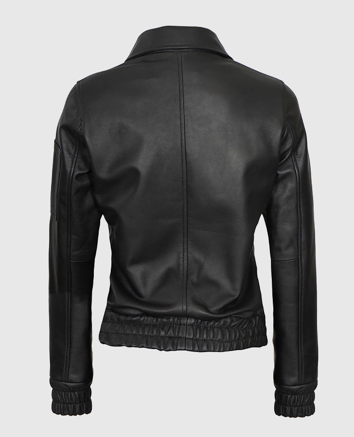 Evelyn Women's Classic Black Leather Bomber Jacket - back view
