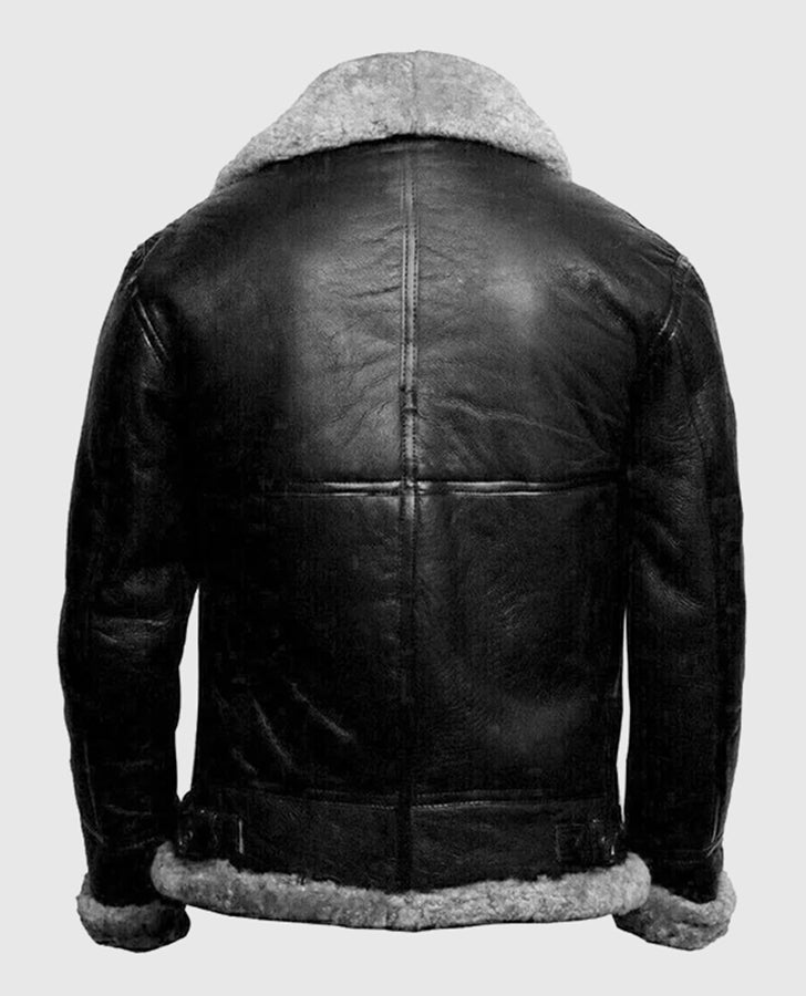 FUR Aviator Flying Pilot Bomber Black Leather Jacket for Men - back view