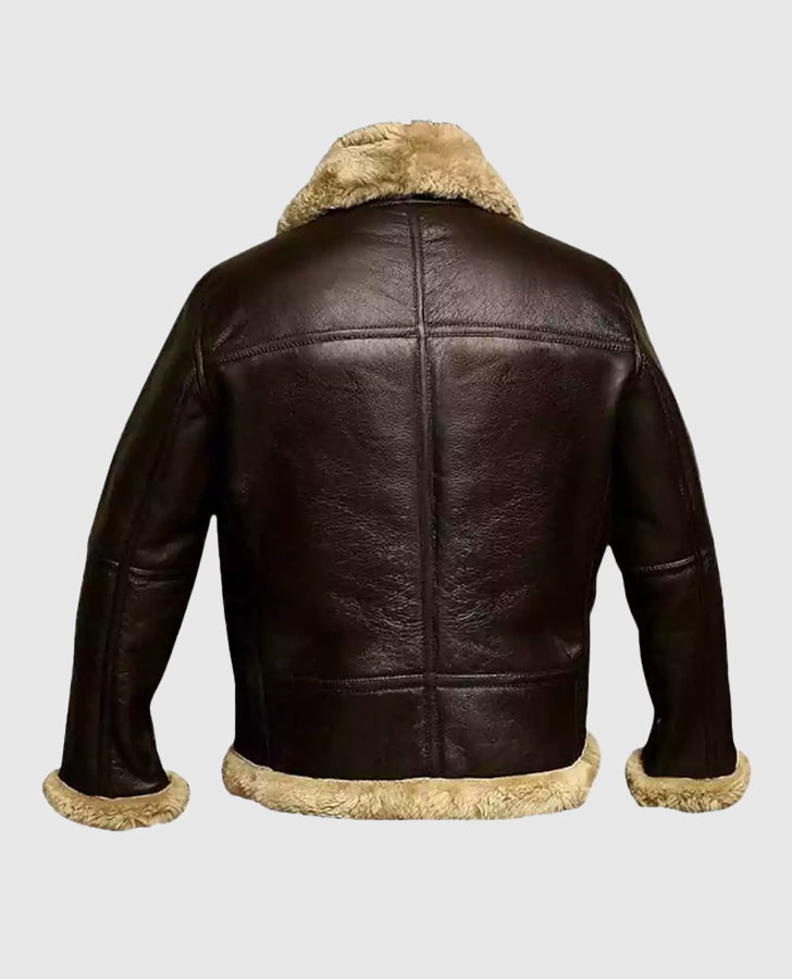 Women's Fur Aviator Flying Pilot Bomber Brown Leather Jacket - back view