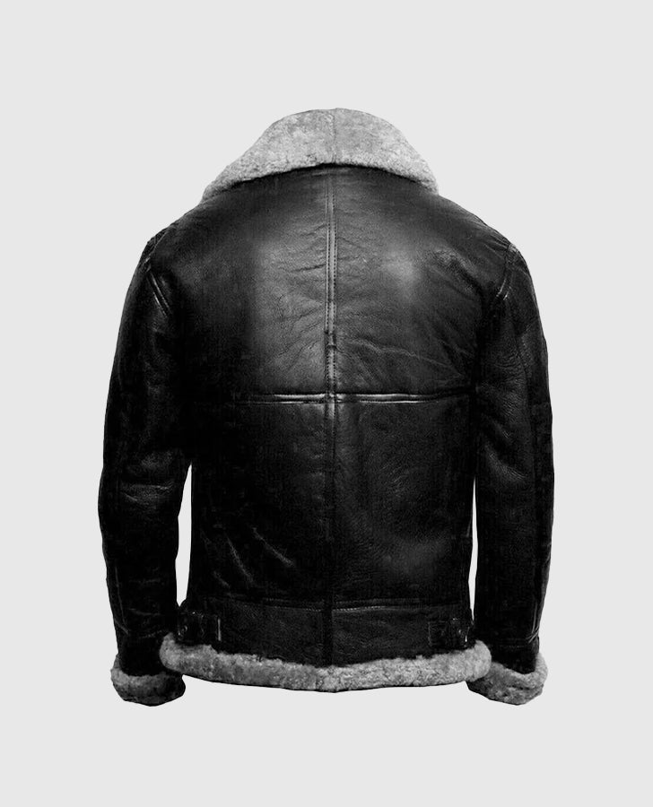 Women's Fur Aviator Flying Pilot Bomber Black Leather Jacket - back view