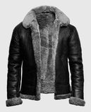 FUR Aviator Flying Pilot Bomber Black Leather Jacket for Men - front view