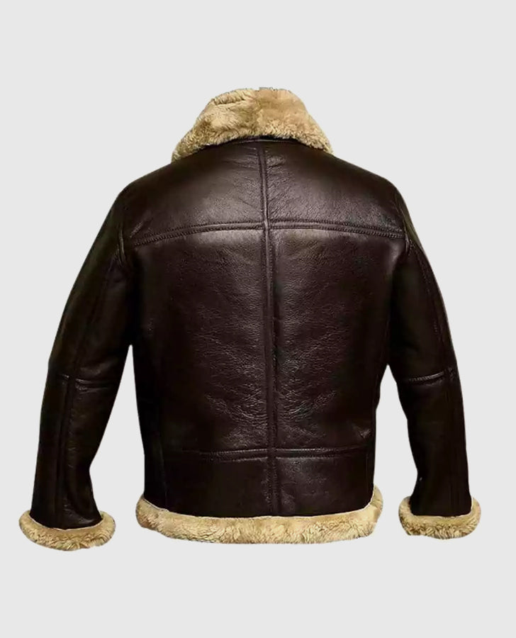 FUR Aviator Flying Pilot Bomber Brown Leather Jacket for Men - back view