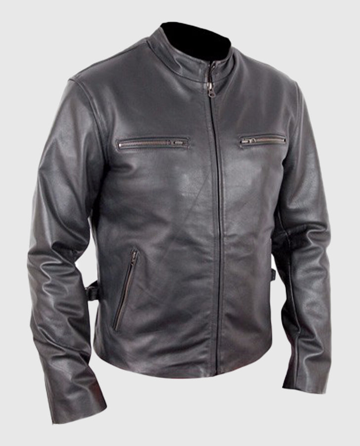 Fast and the Furious Black Leather Jacket for Men – Custom Fit - collar and zip close-up