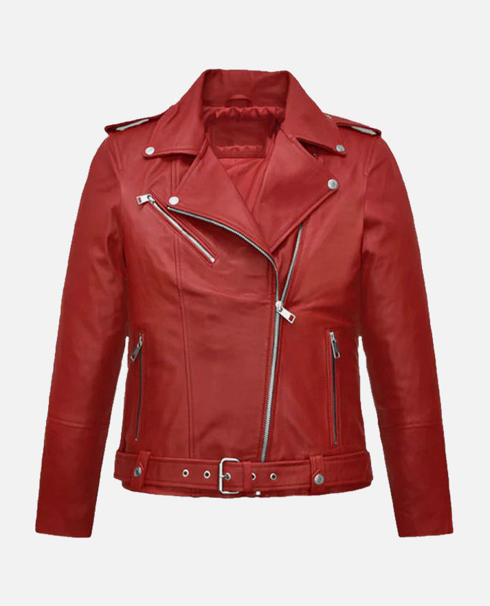 Freaky Millie Red Leather Biker Jacket for Women – Premium Outerwear - back view