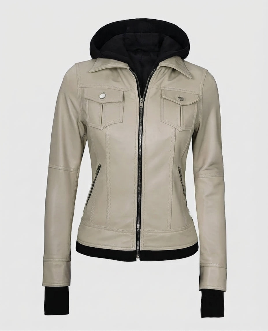 Women's Beige Bomber Leather Jacket with Hood – Custom Fit
