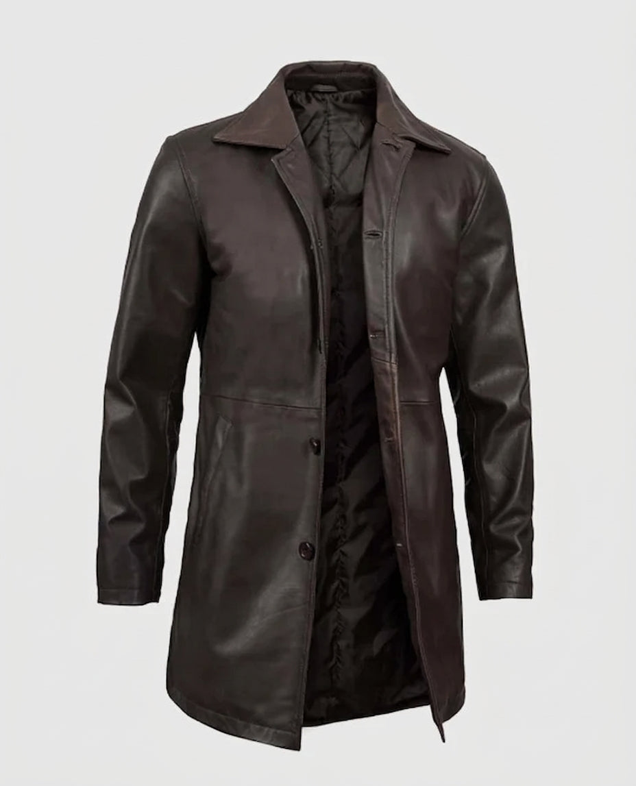 Men's Distressed Dark Brown Leather Coat – Premium Outerwear