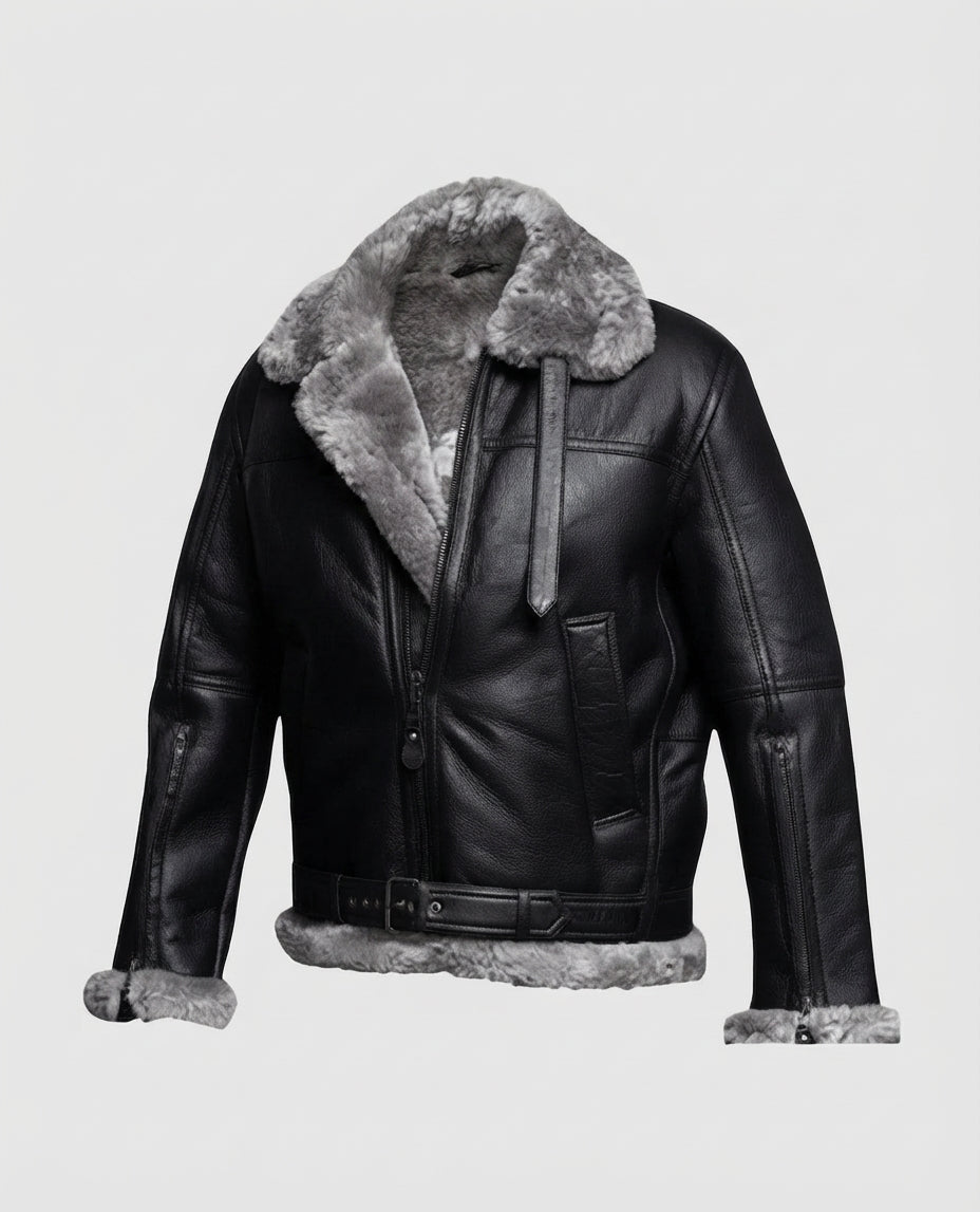 Women's Fur Aviator Flying Pilot Bomber Black Leather Jacket