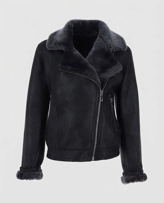 Women's Black Aviator Shearling Leather Jacket – Premium Outerwear